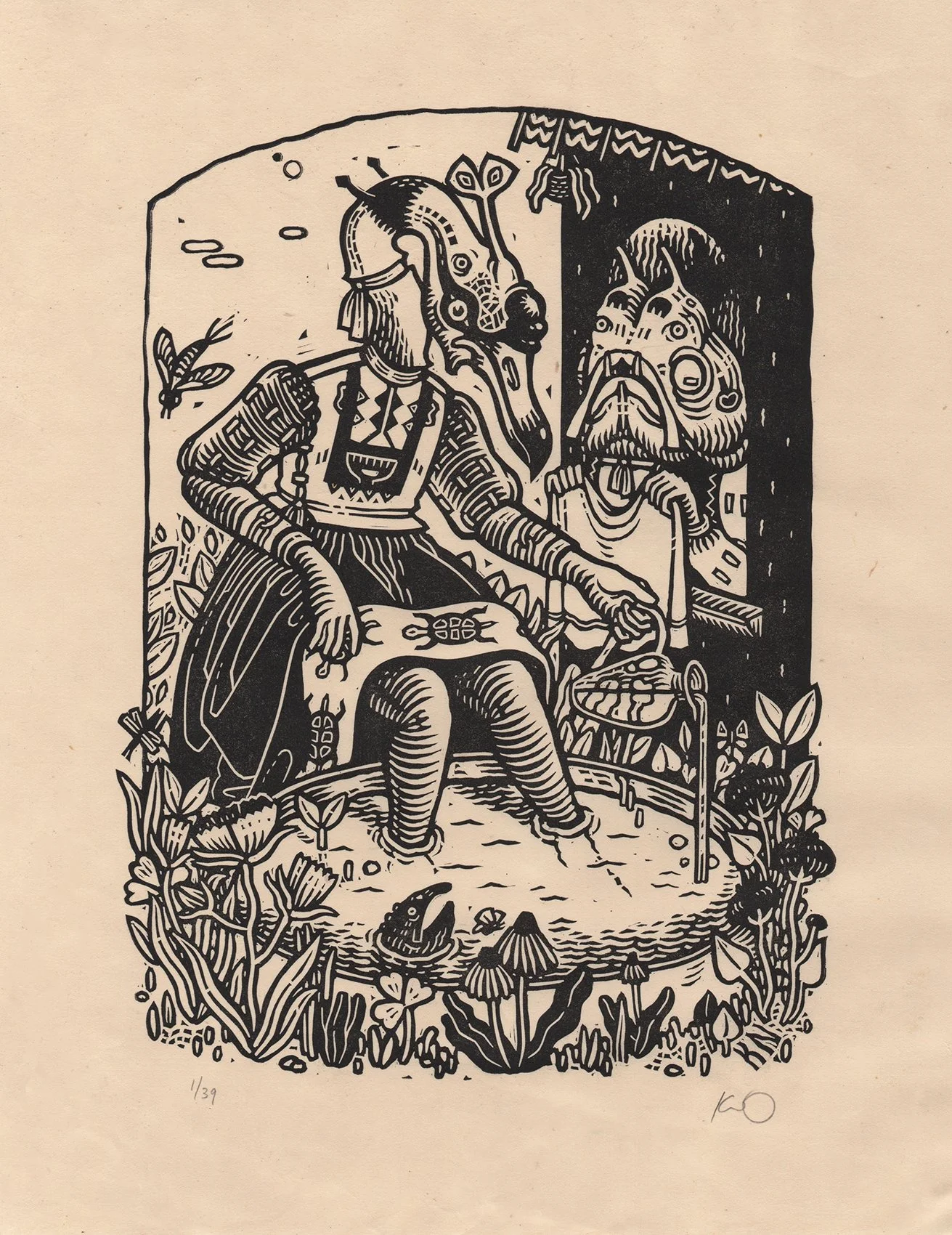 Fountain (key proof), linocut on paper — Kathleen Neeley